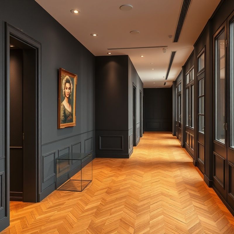 Coridorul biroului Studio Stan din Oradea, pereți cărbune, parchet ochre, lumină difuzată