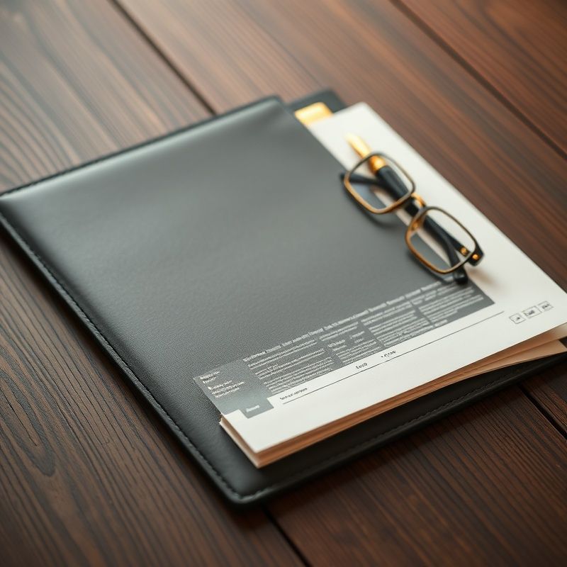 Documente financiare premium pe un birou din lemn, tonuri cărbune și auriu